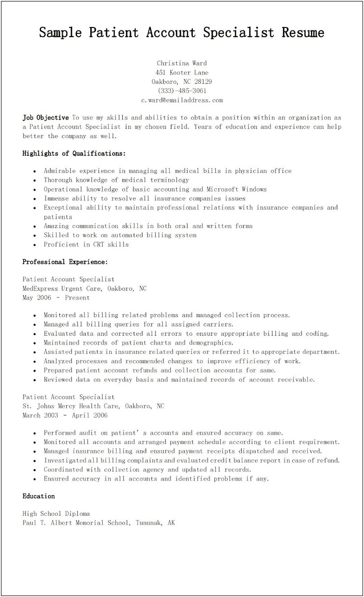 Resume Objective For Accounting Specialist