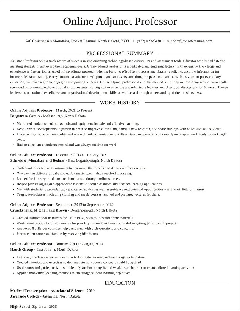 Resume Objective For Adjunct Professor