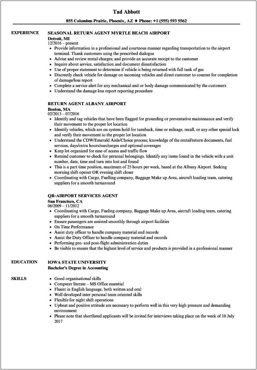 Resume Objective For Airport Ramp Agent