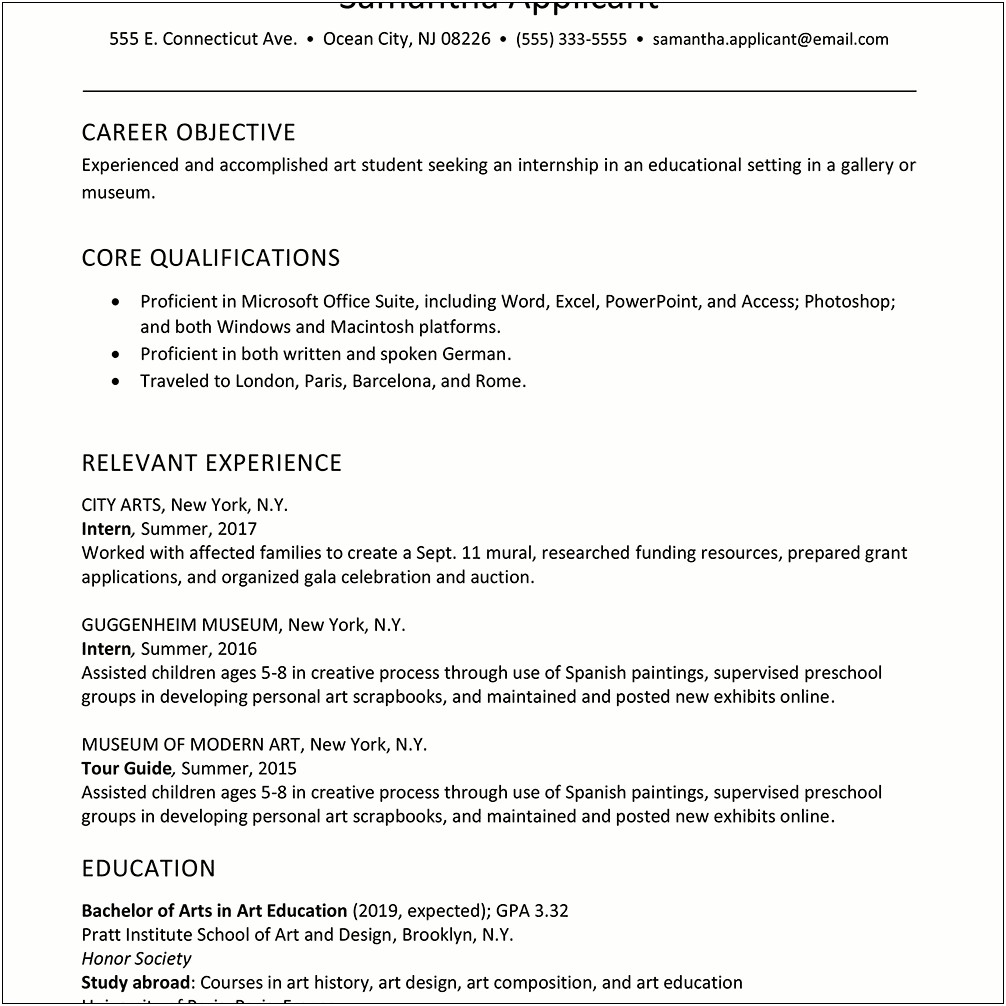 Resume Objective For Art Intership