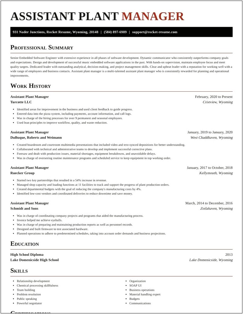 Resume Objective For Assistant Plant Manager