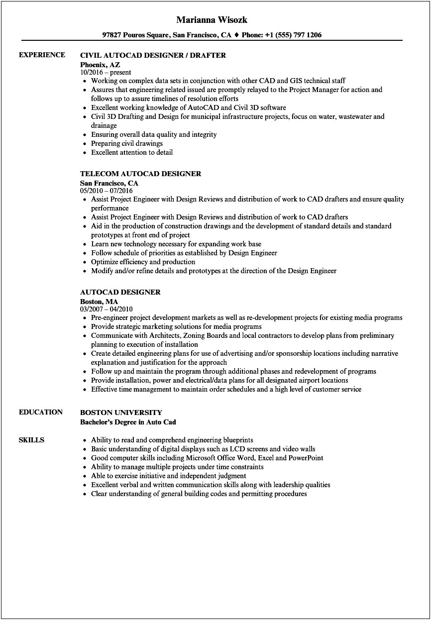 Resume Objective For Autocad Operator