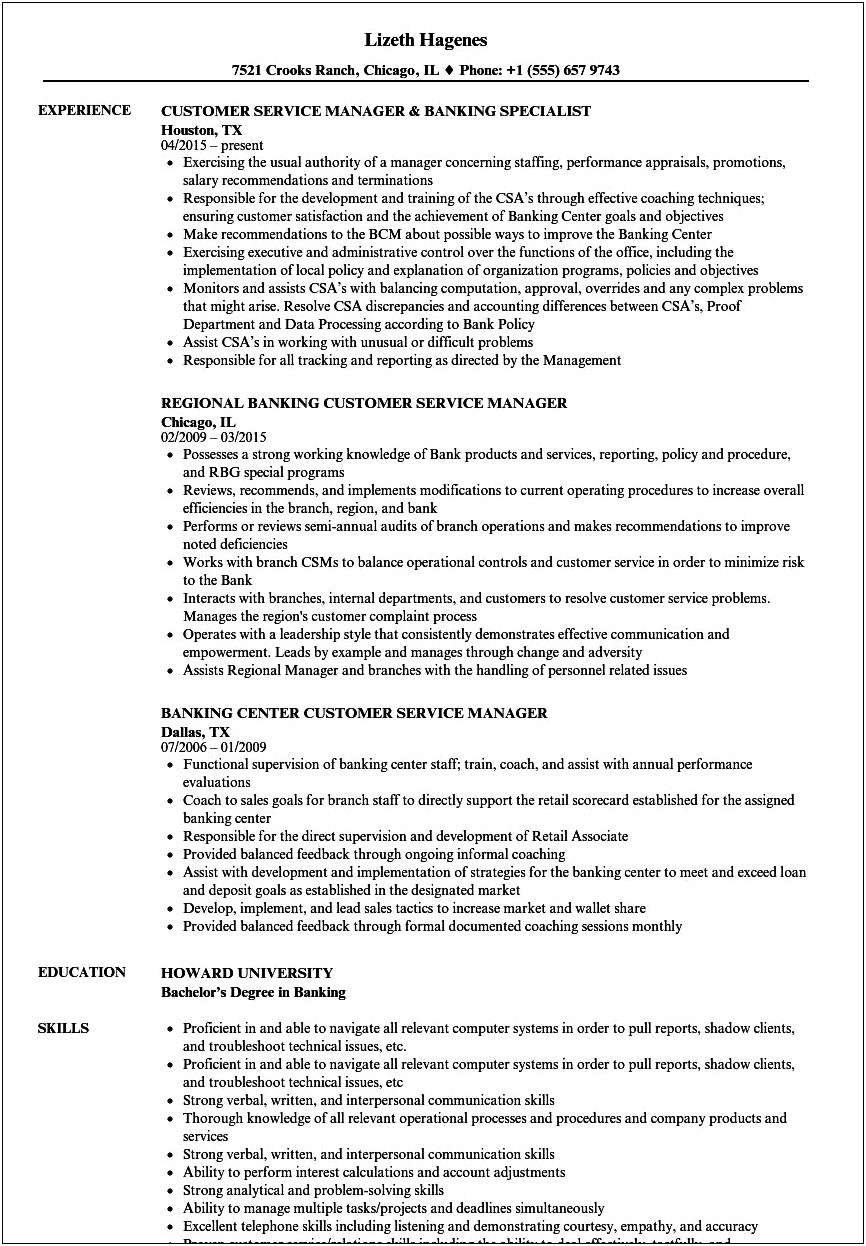 Resume Objective For Bank Customer Service