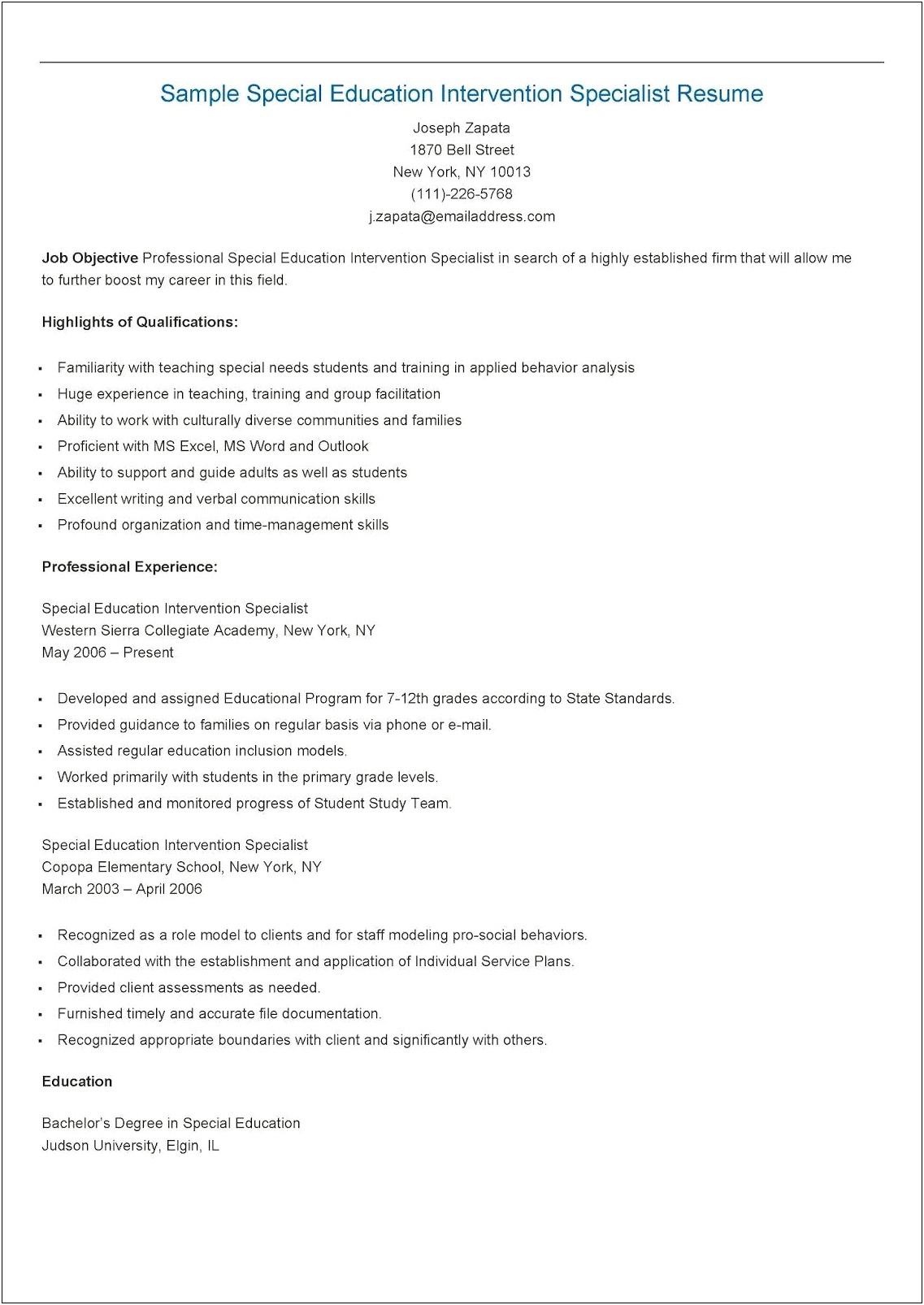 Resume Objective For Behavior Specialist