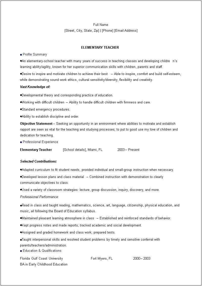 Resume Objective For Behavior Teacher