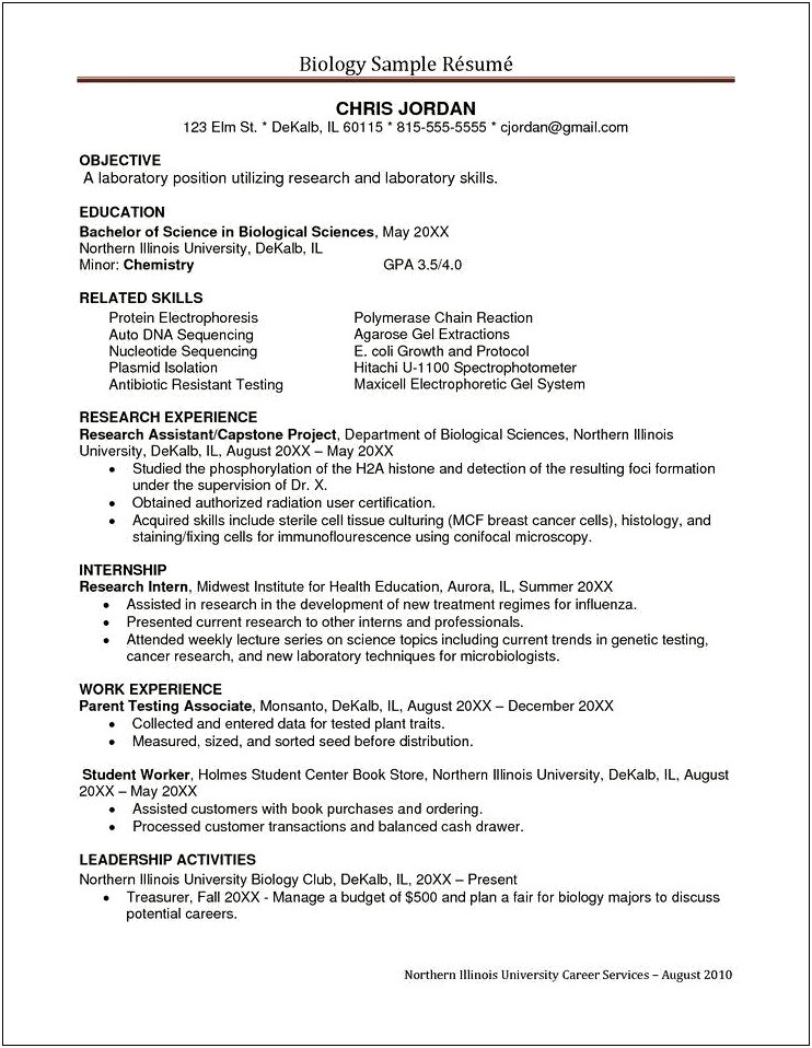 Resume Objective For Biology Major