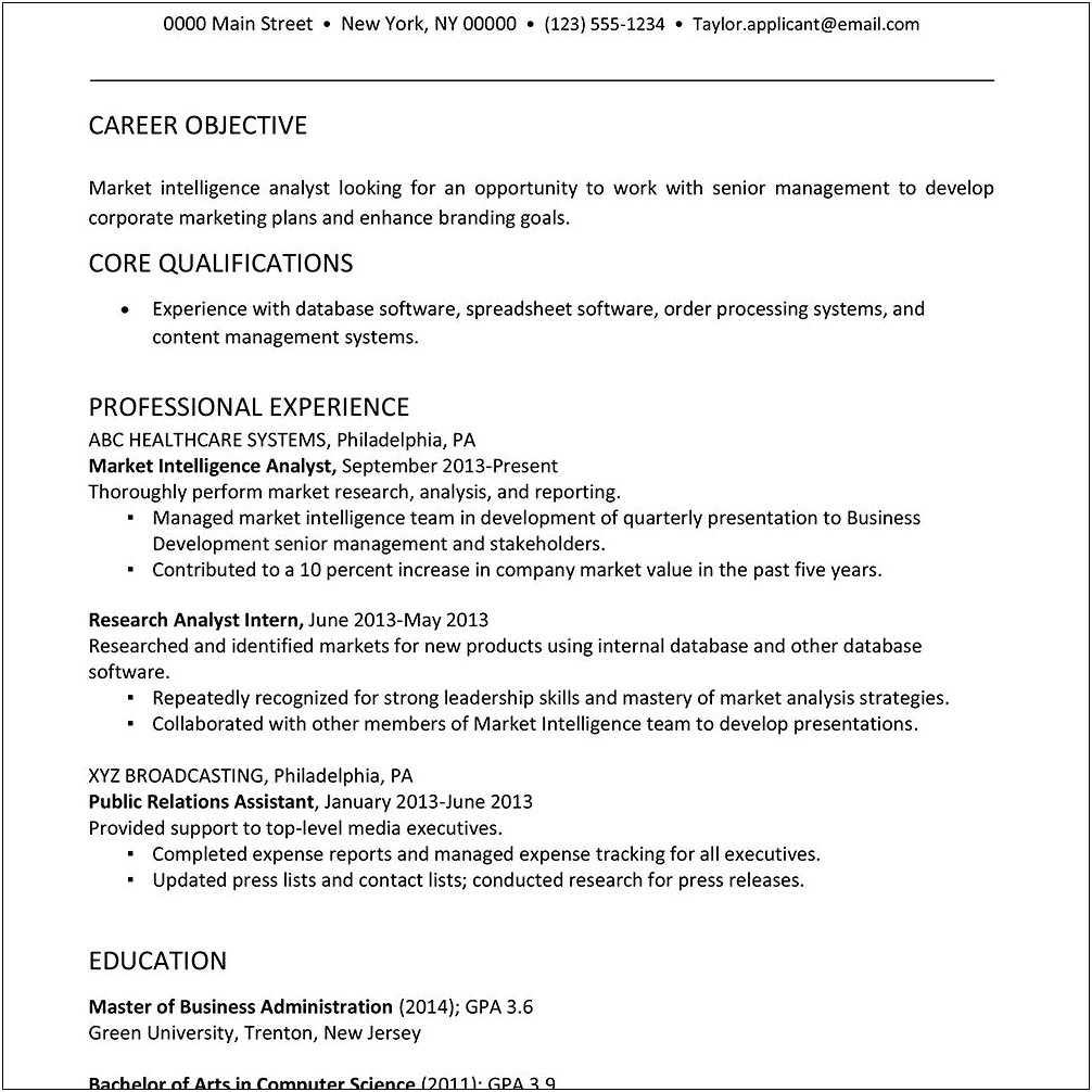 Resume Objective For Business Analyst Internship