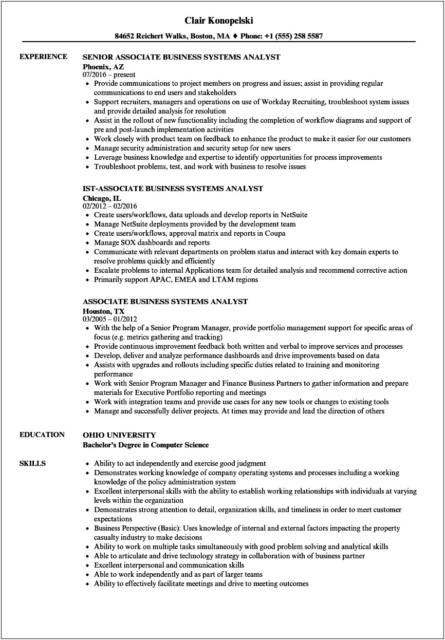 Resume Objective For Business Systems Analyst