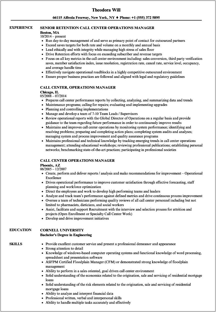 Resume Objective For Call Center Supervisor