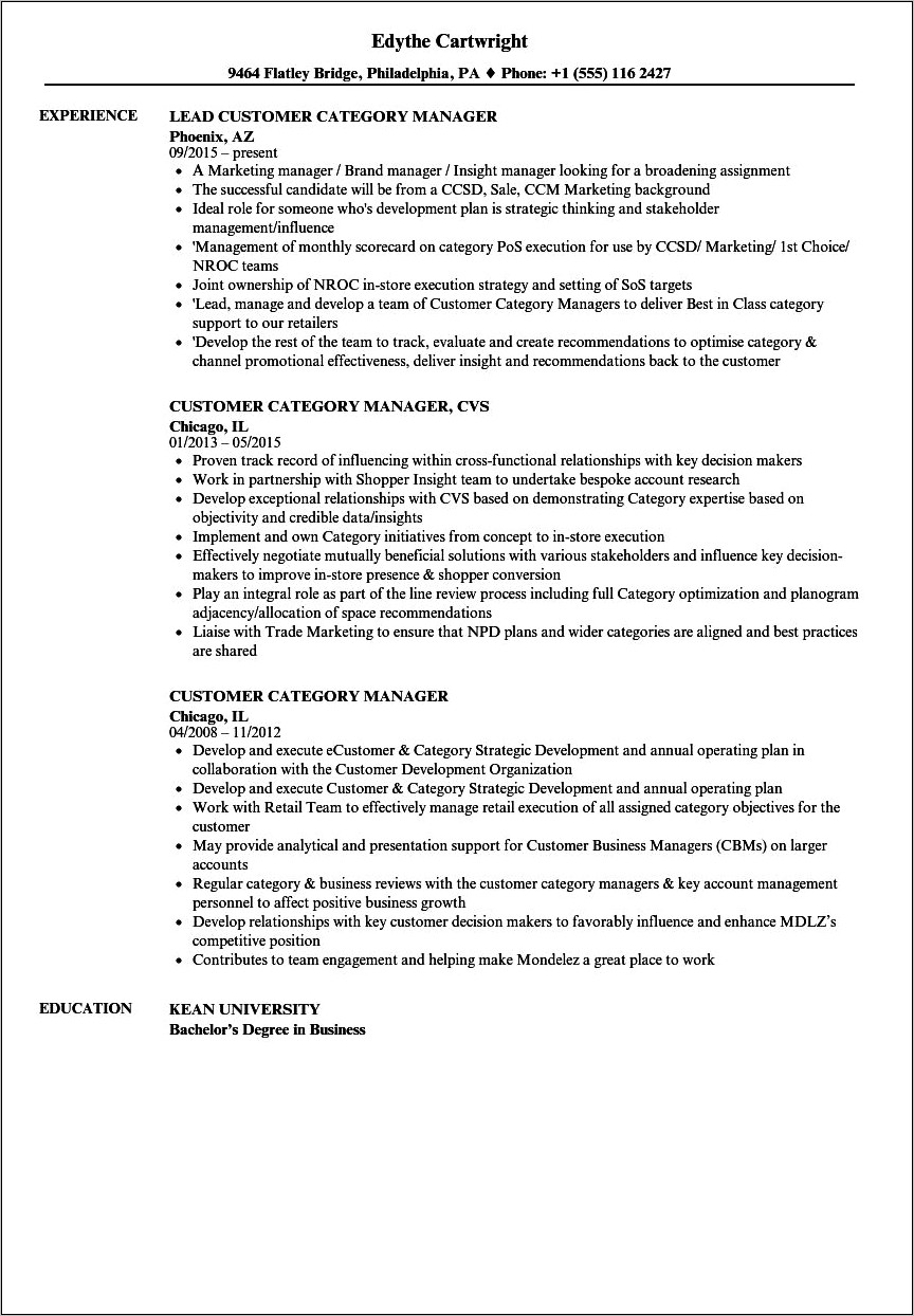 Resume Objective For Category Manager