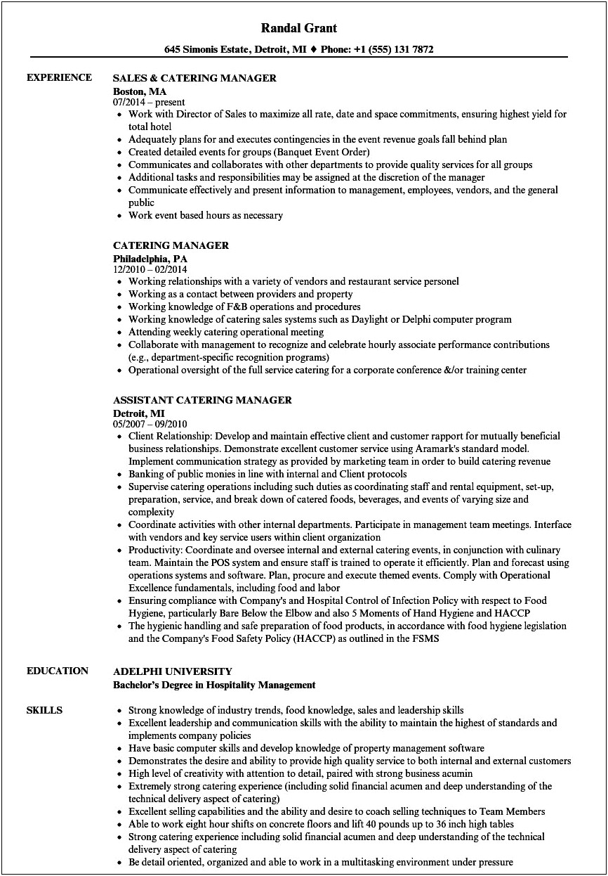 Resume Objective For Catering Associate