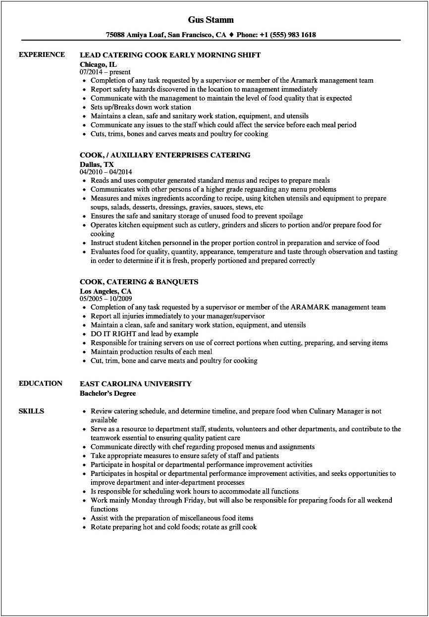 Resume Objective For Catering Position