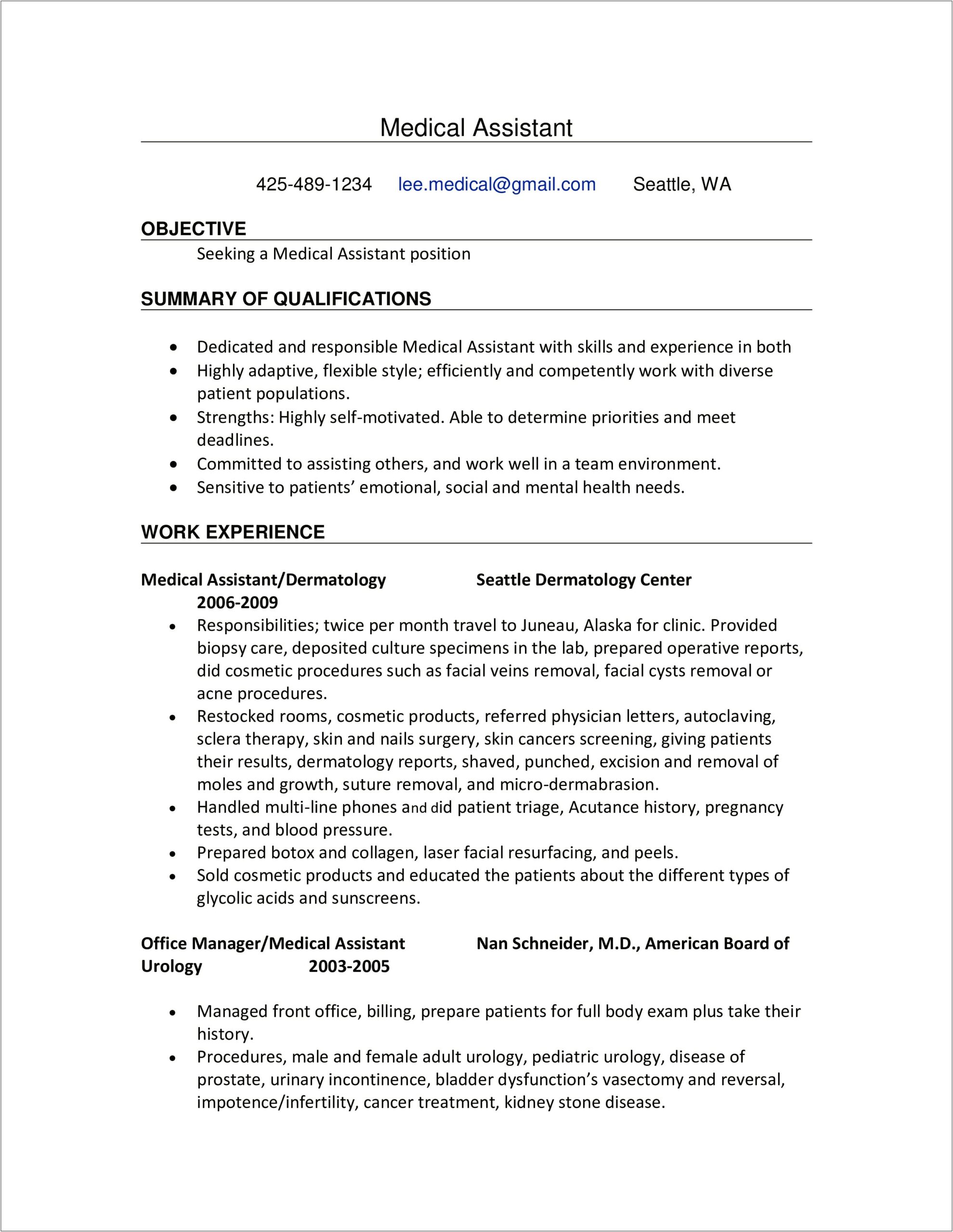 Resume Objective For Certified Medical Assistant
