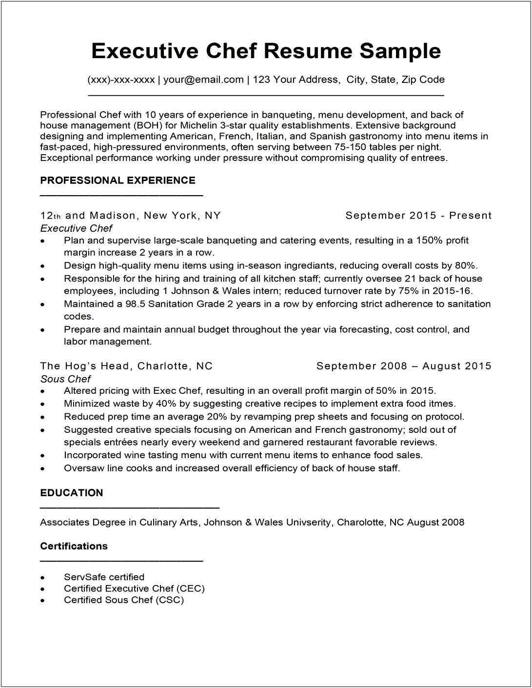 Resume Objective For Chef Position