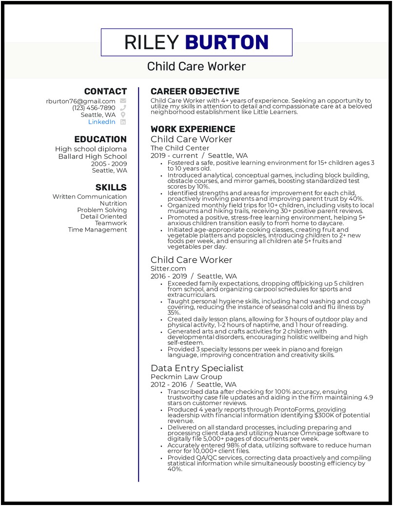 Resume Objective For Child Care Assistant