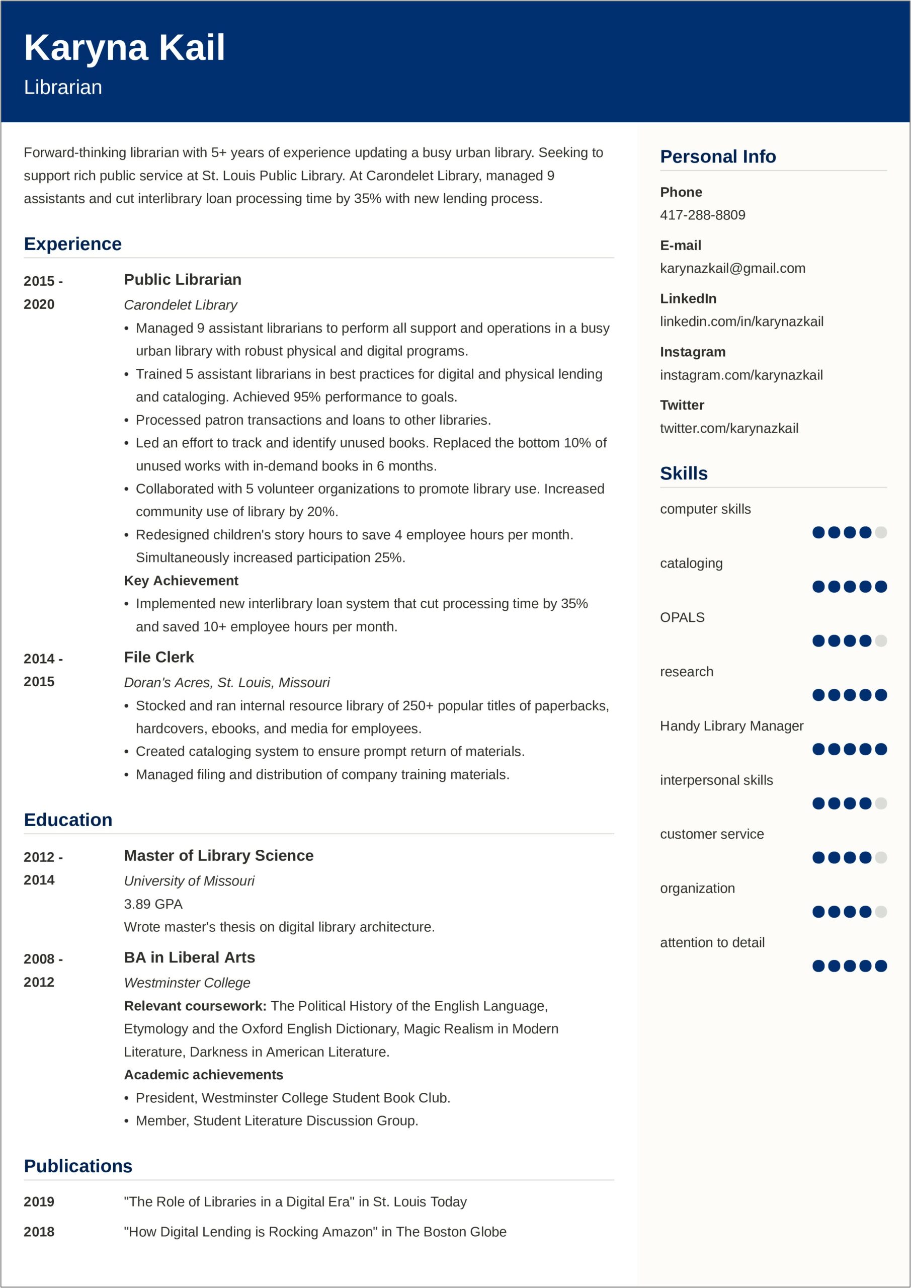 Resume Objective For Children's Librarian