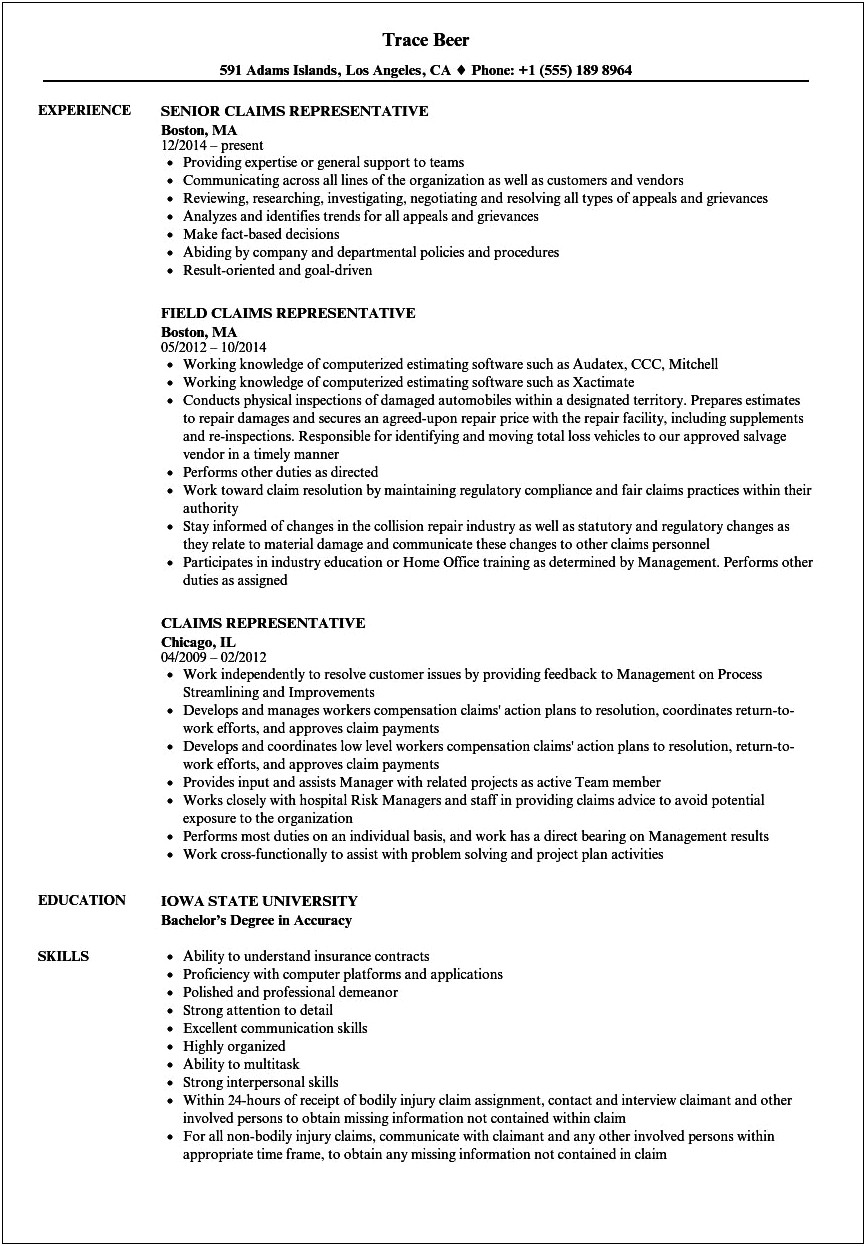 Resume Objective For Claims Representative