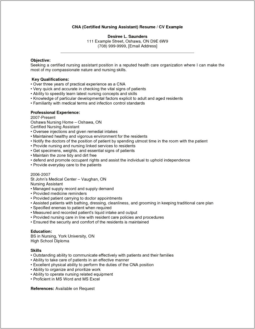 Resume Objective For Cna Position