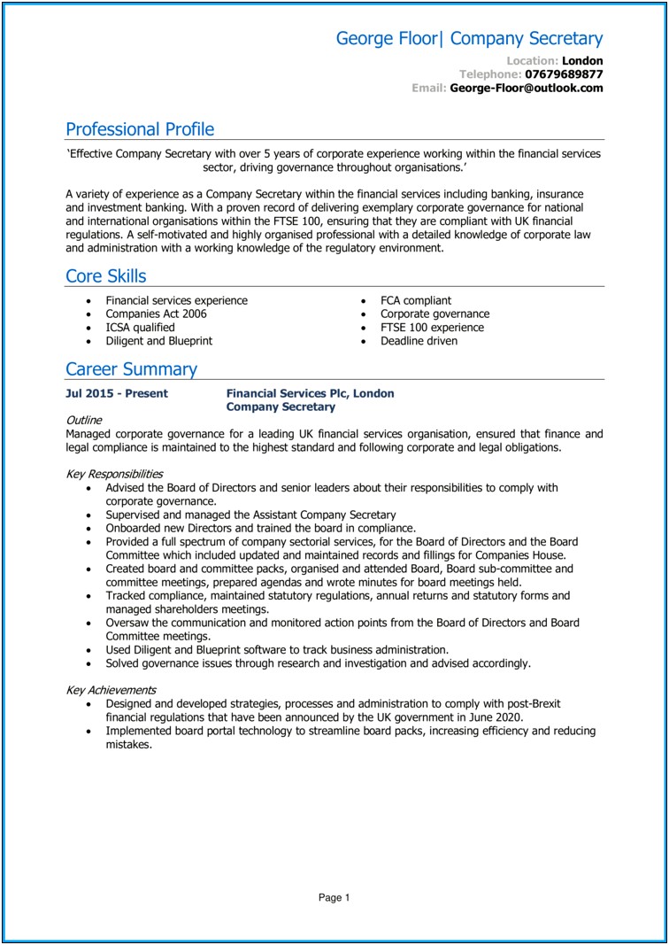 Resume Objective For Company Secretary