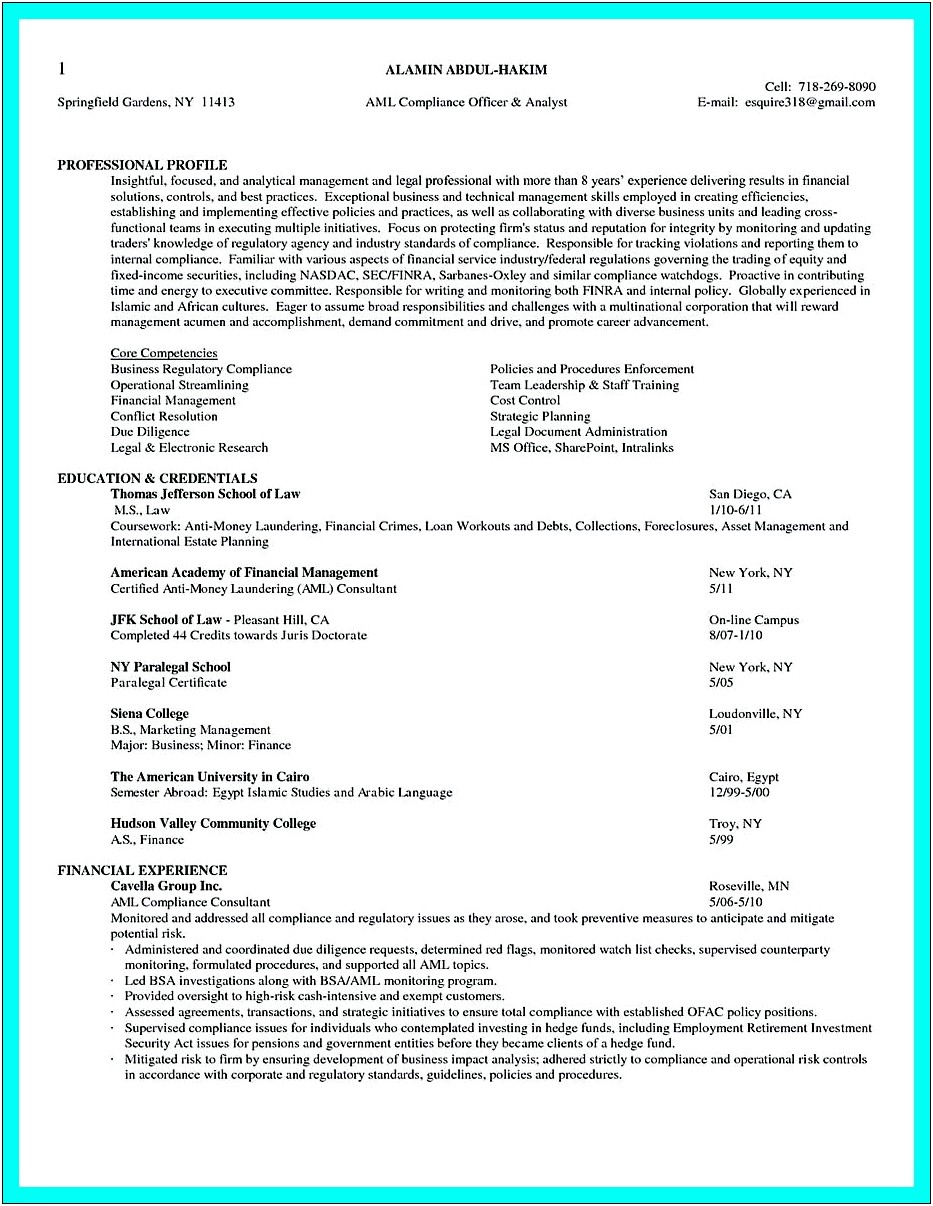 Resume Objective For Compliance Job