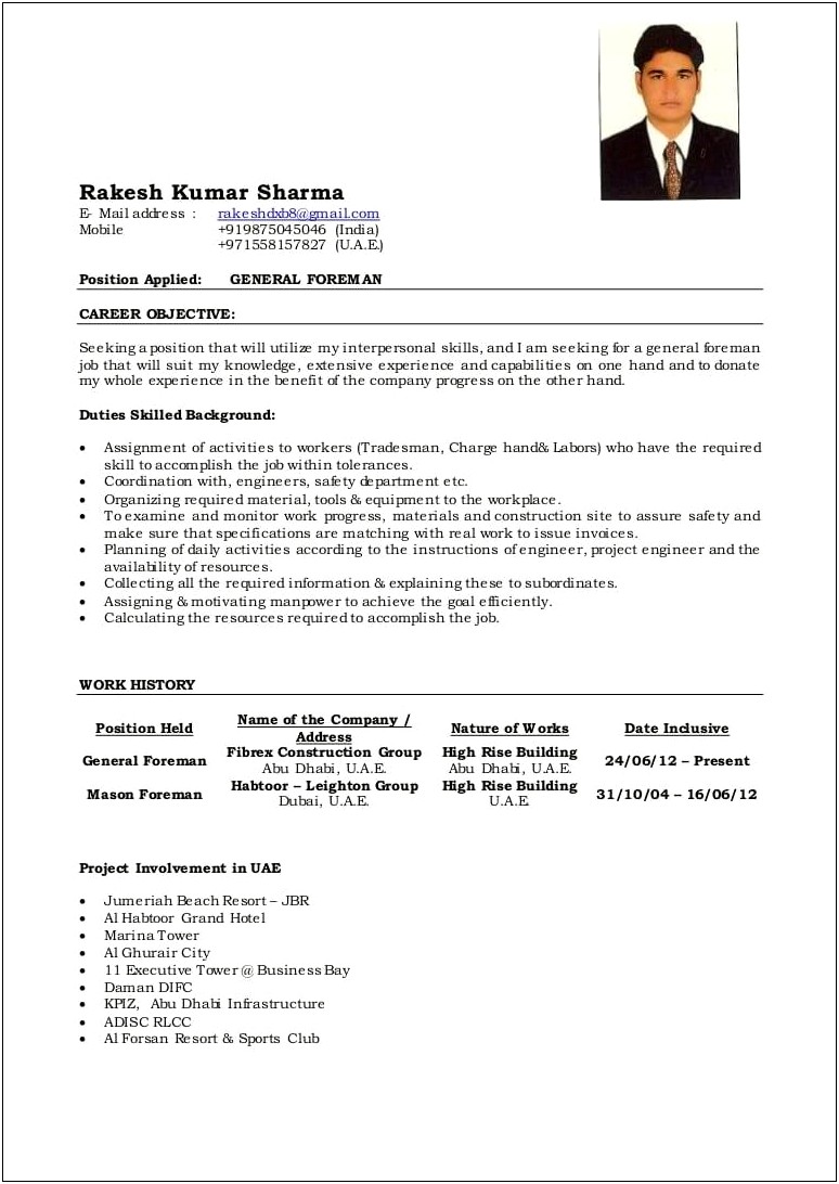Resume Objective For Construction Foreman