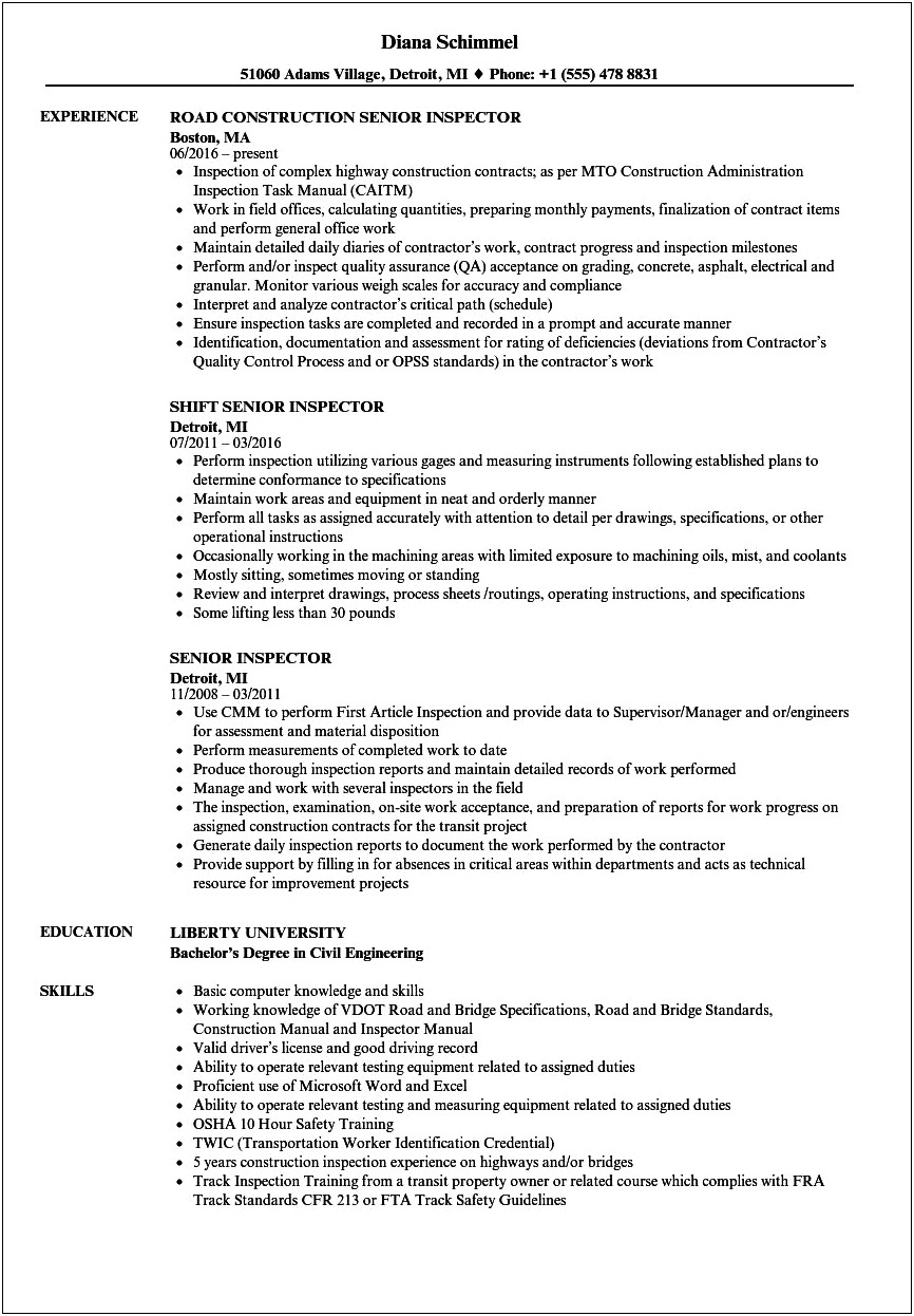 Resume Objective For Construction Inspector