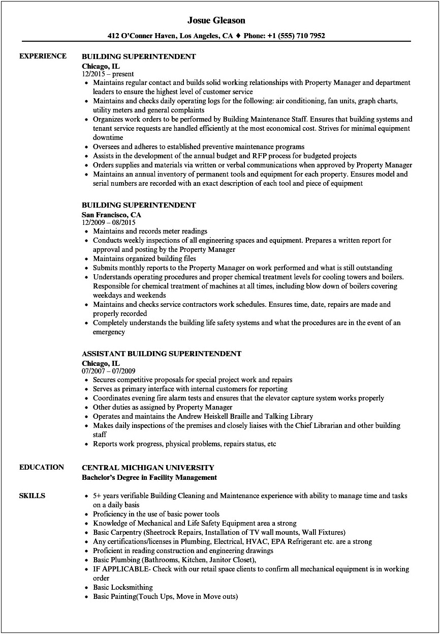 Resume Objective For Construction Superintendent