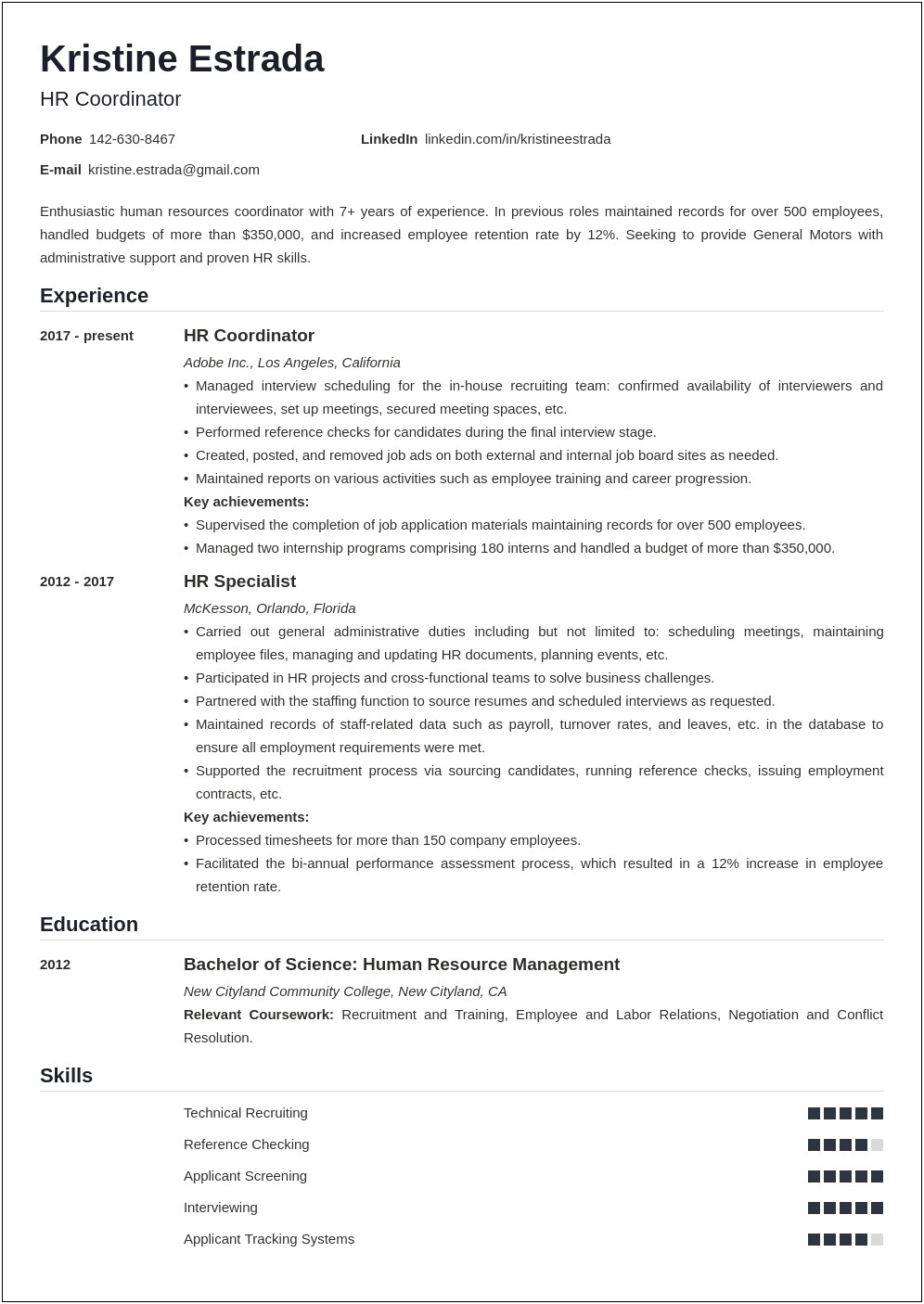 Resume Objective For Coordinator Position