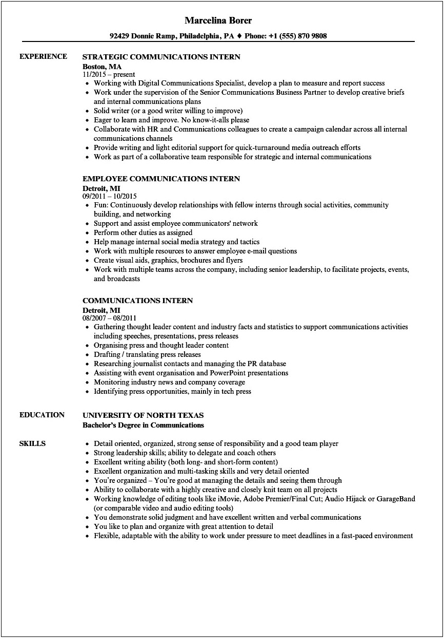 Resume Objective For Corporate Communication Internship