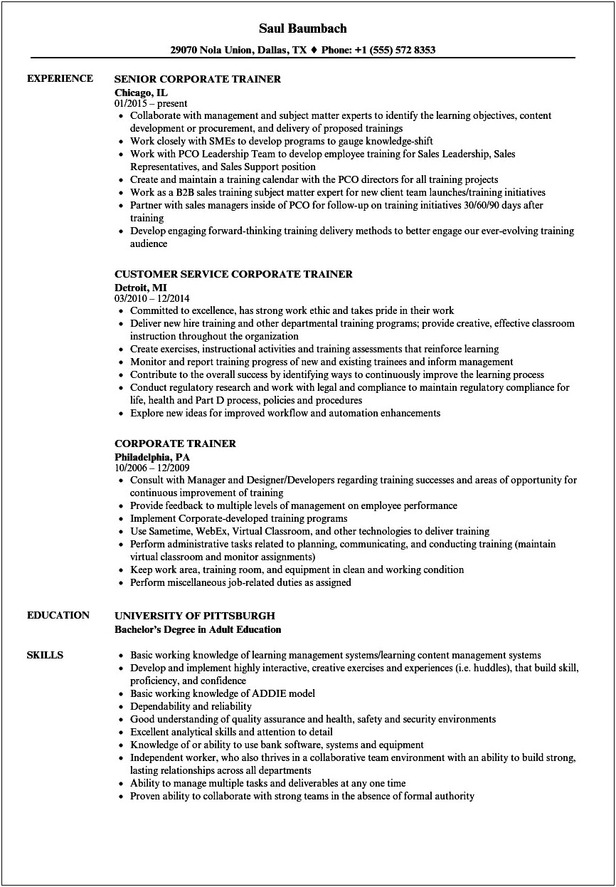 Resume Objective For Corporate Trainer