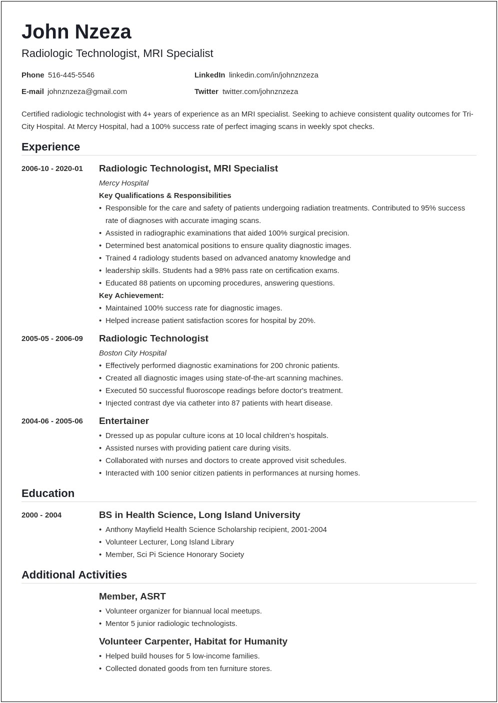 Resume Objective For Ct Technologist