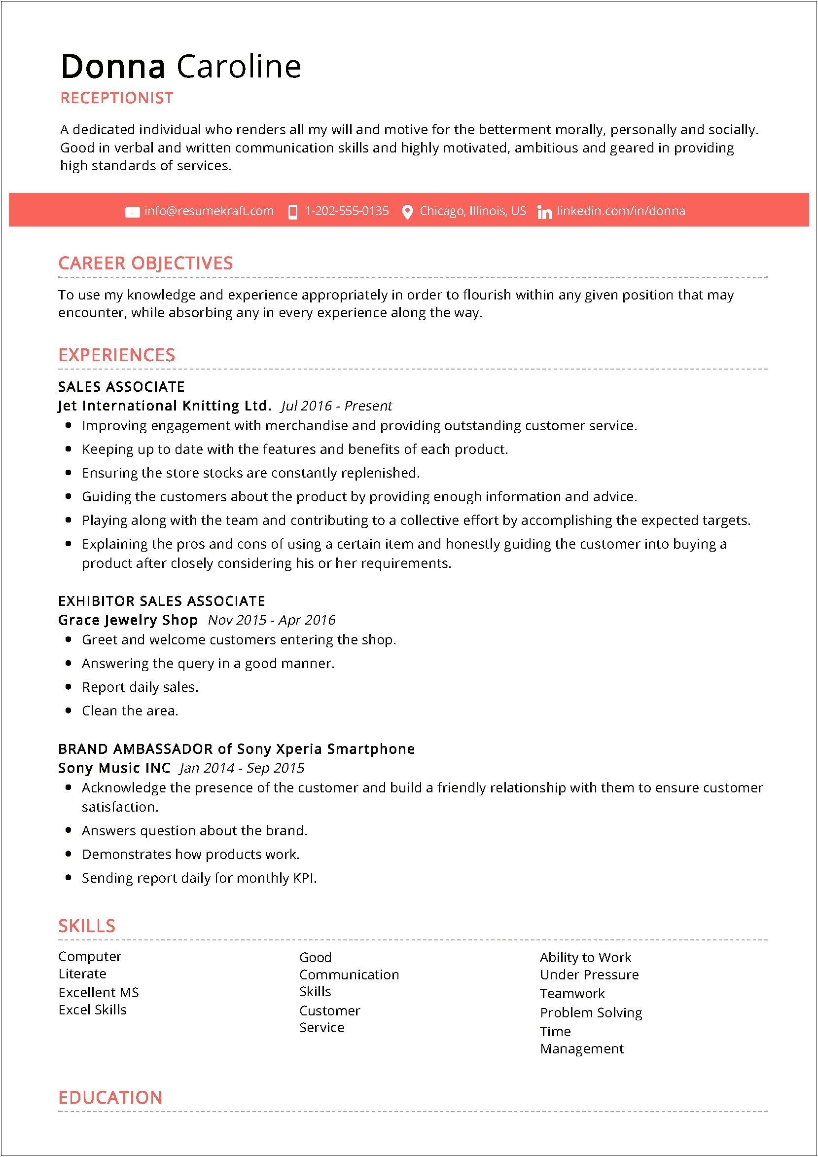 Resume Objective For Customer Service Receptionist