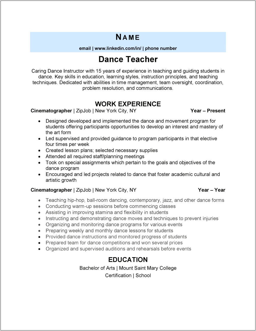 Resume Objective For Dance Teacher