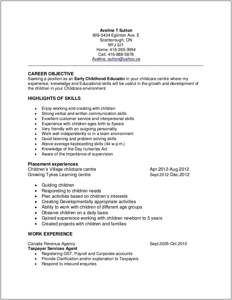 Resume Objective For Early Childhood Education Position