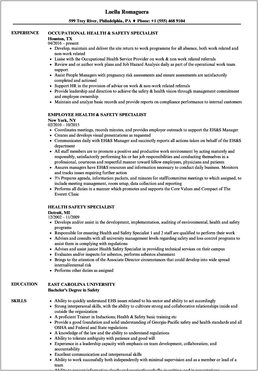 Resume Objective For Ehs Specialist