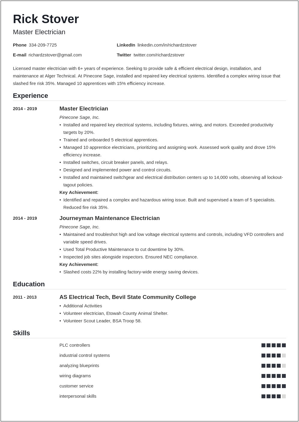 Resume Objective For Electrician Journeyman