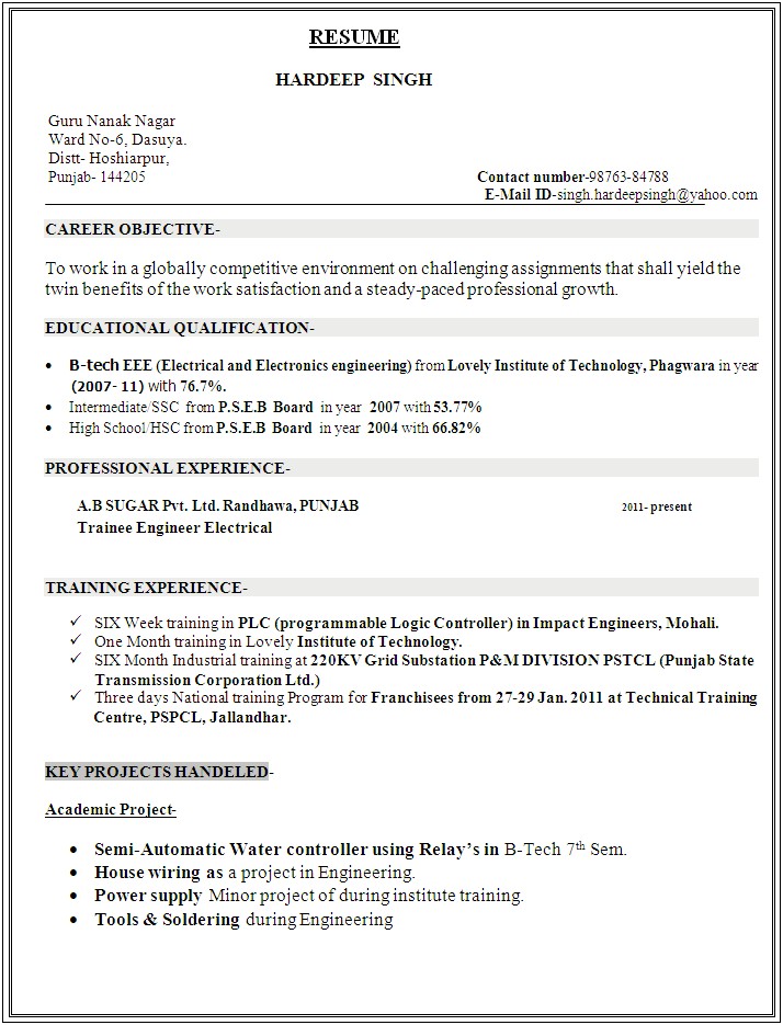 Resume Objective For Electronics Technician