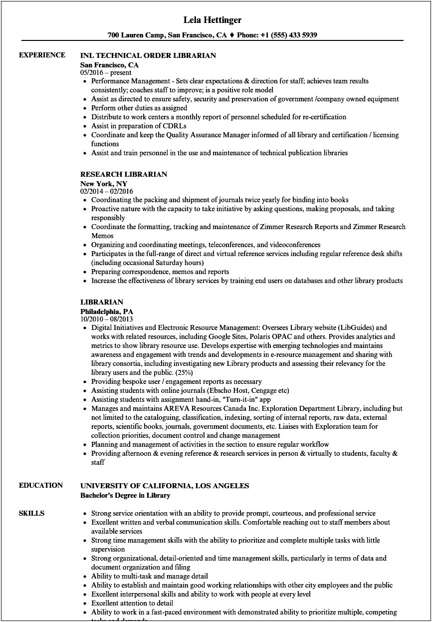 Resume Objective For Elementary Librarian