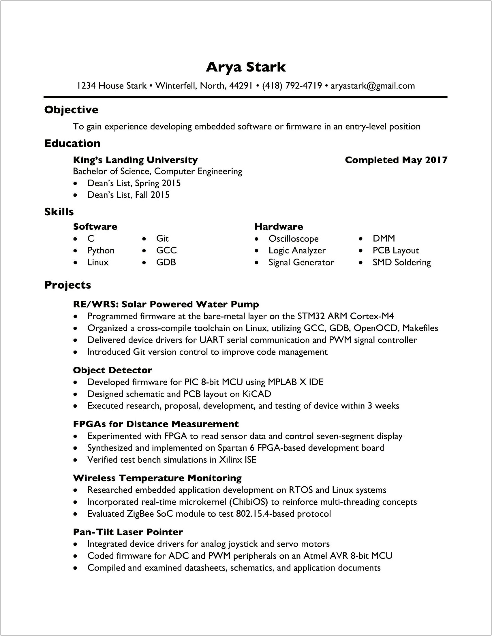 Resume Objective For Embedded Engineer