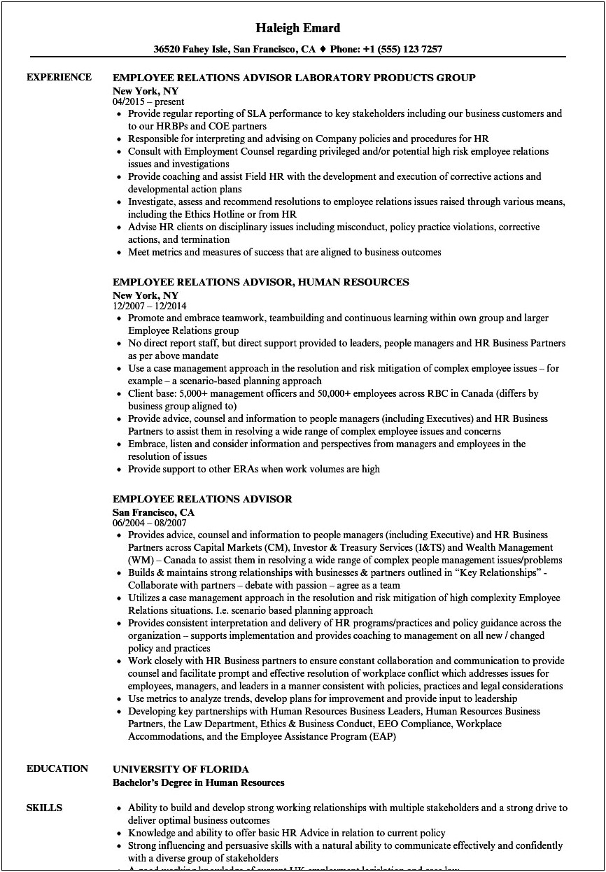 Resume Objective For Employee Relations
