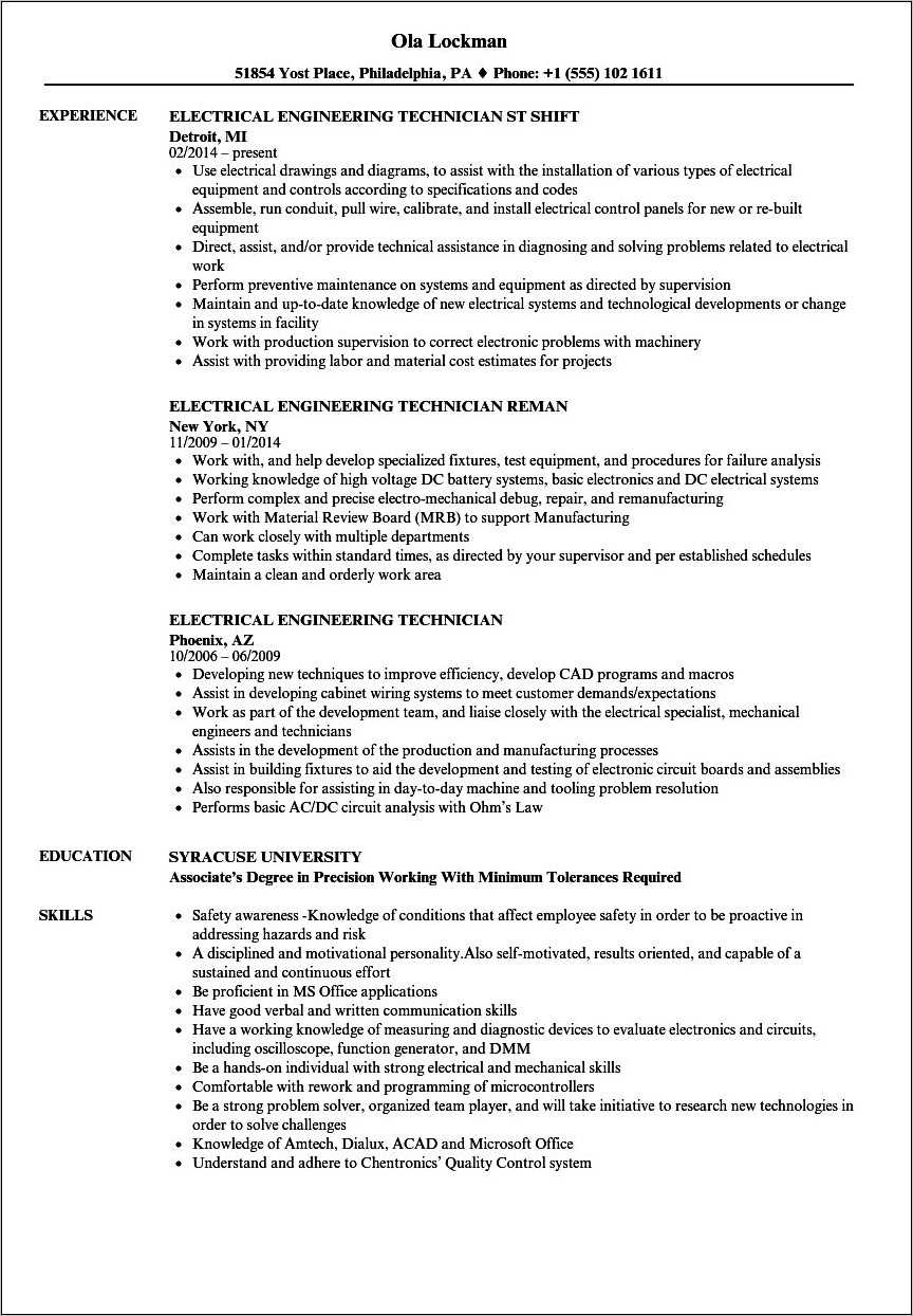 Resume Objective For Engineering Technician