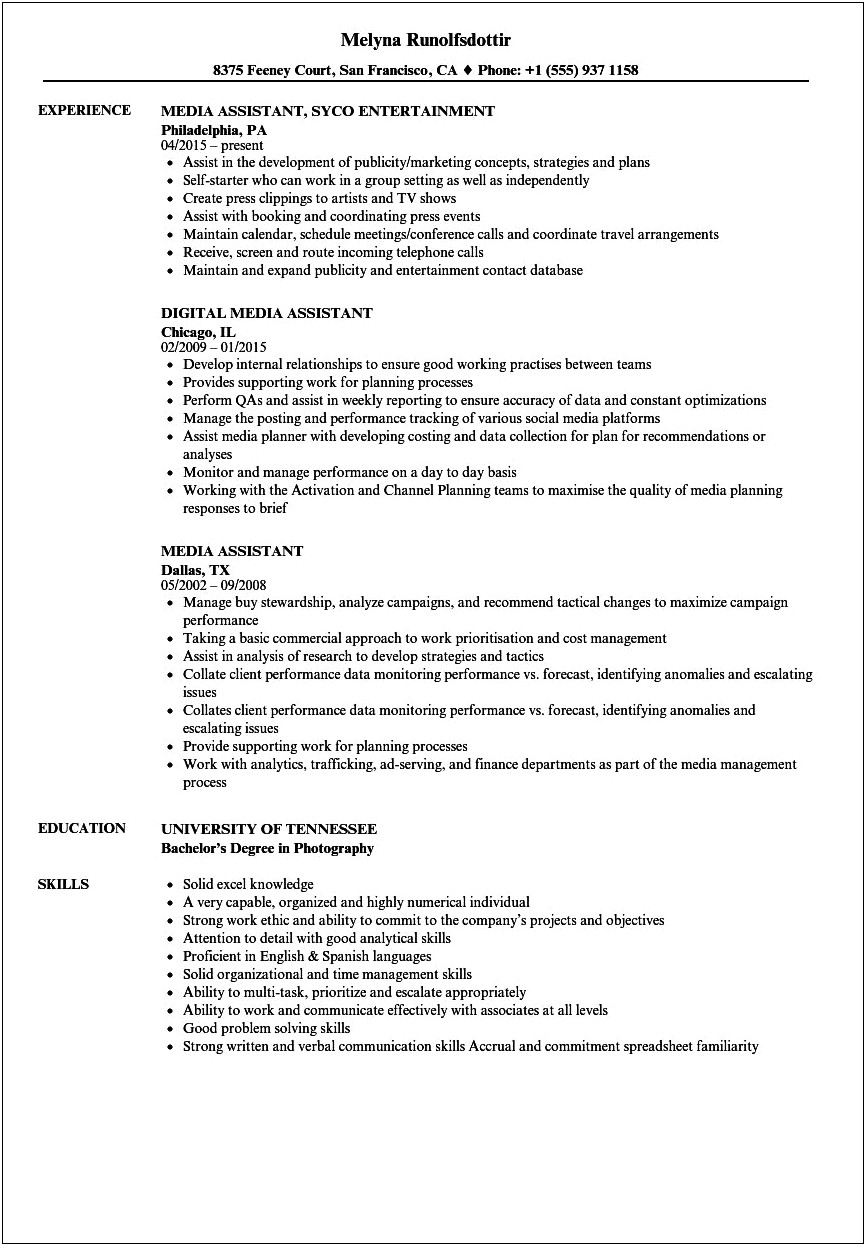 Resume Objective For Entertainment Industry