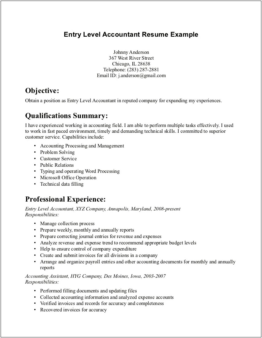 Resume Objective For Entry Level Bookkeeping Position