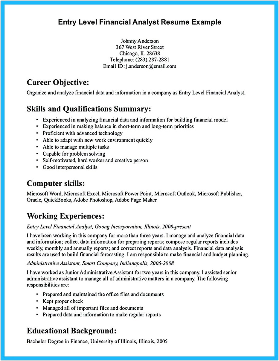 Resume Objective For Entry Level Business Analyst