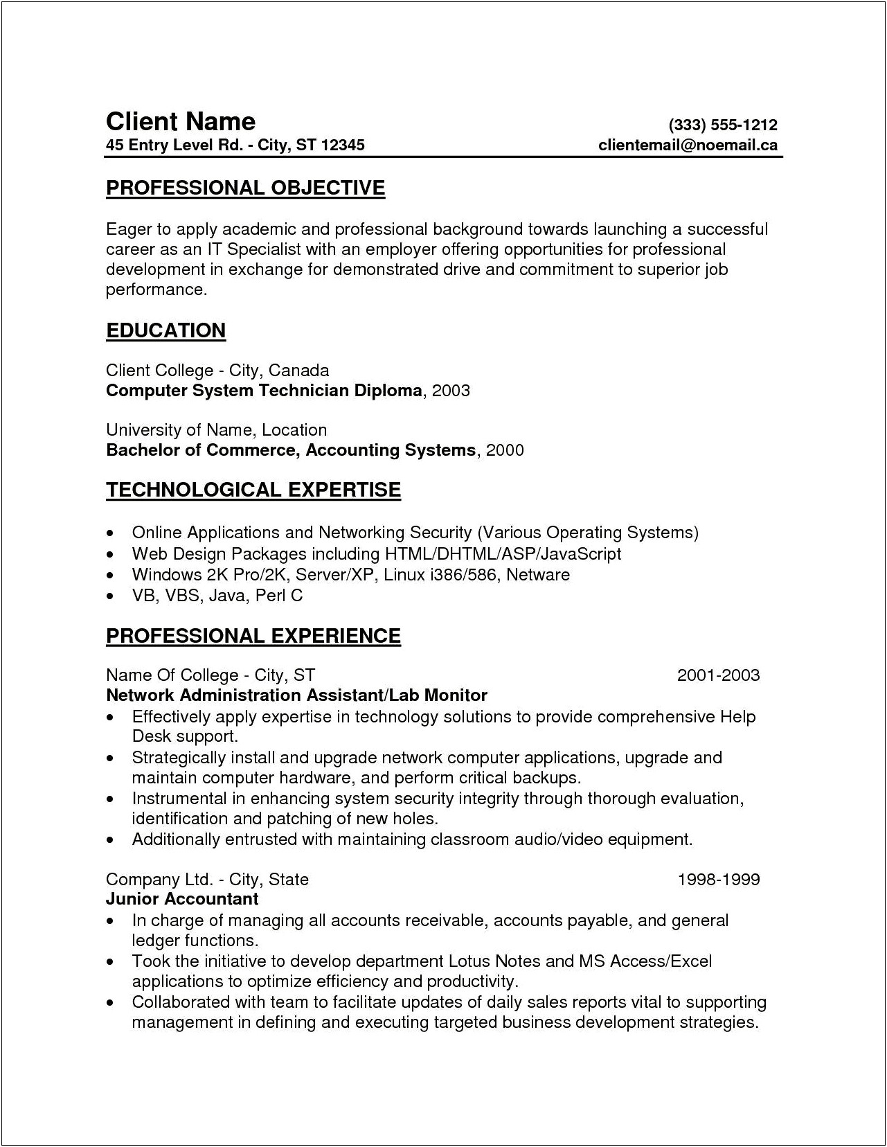 Resume Objective For Entry Level It Positions