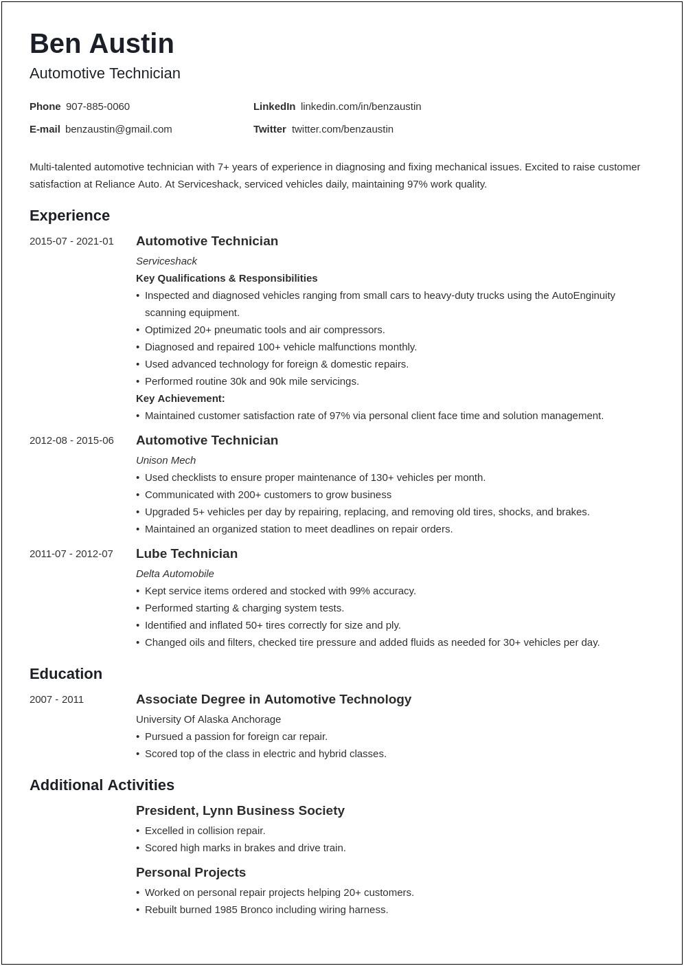 Resume Objective For Entry Level Mechanic