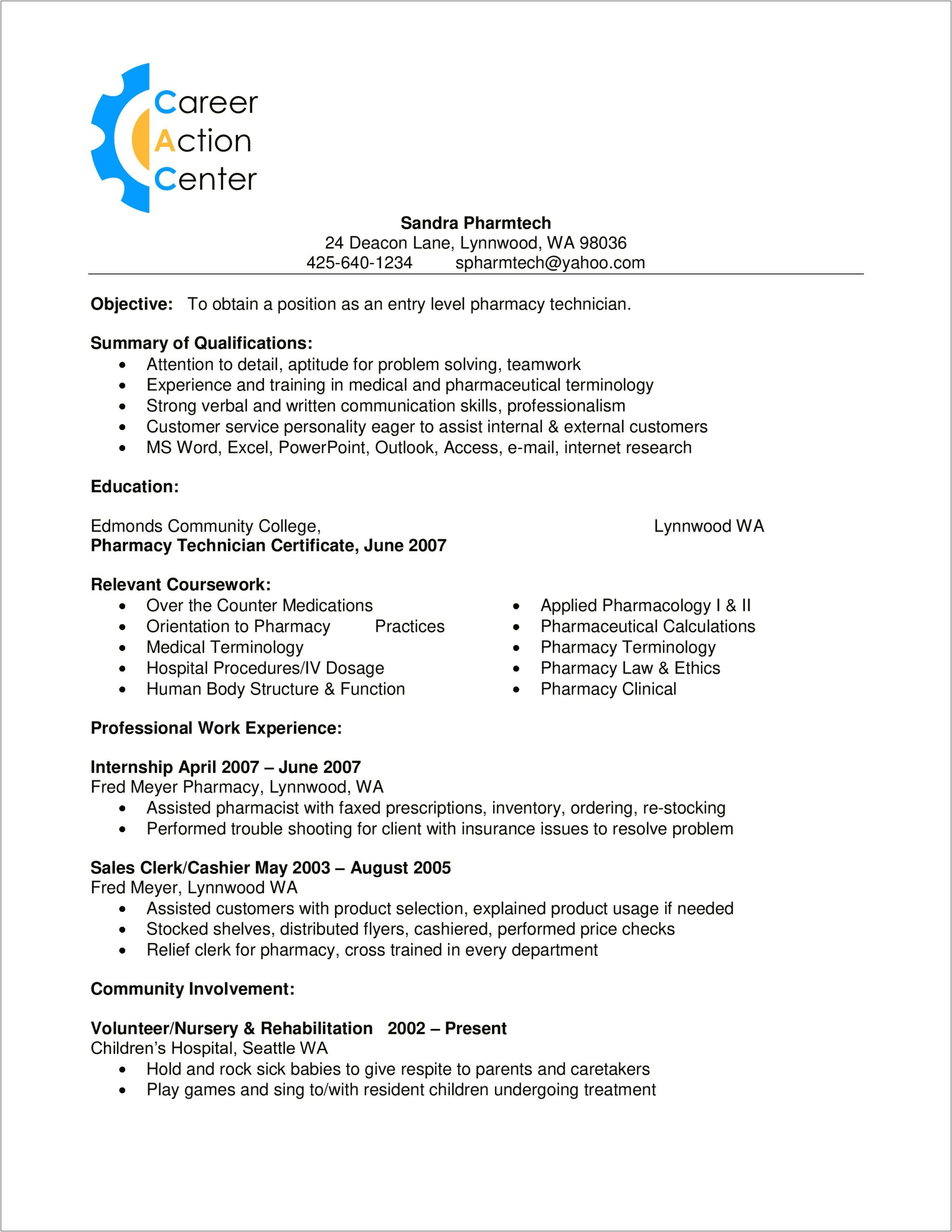 Resume Objective For Entry Level Pharmacy Technician