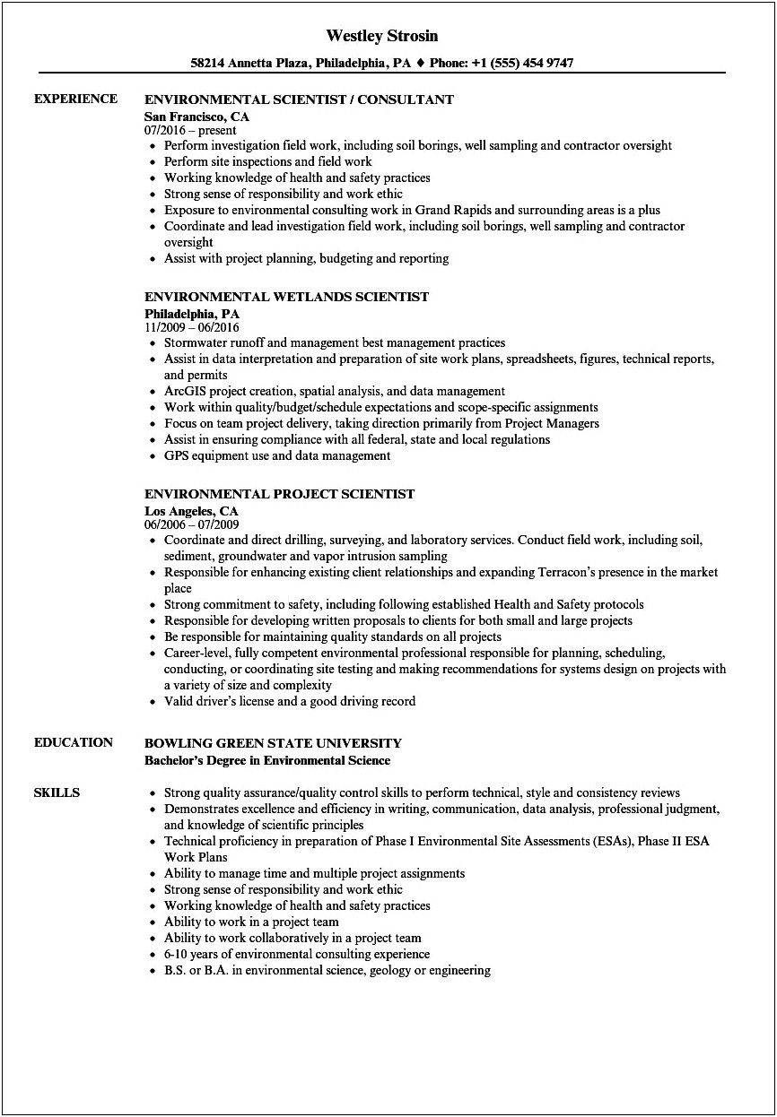 Resume Objective For Environmental Consulting