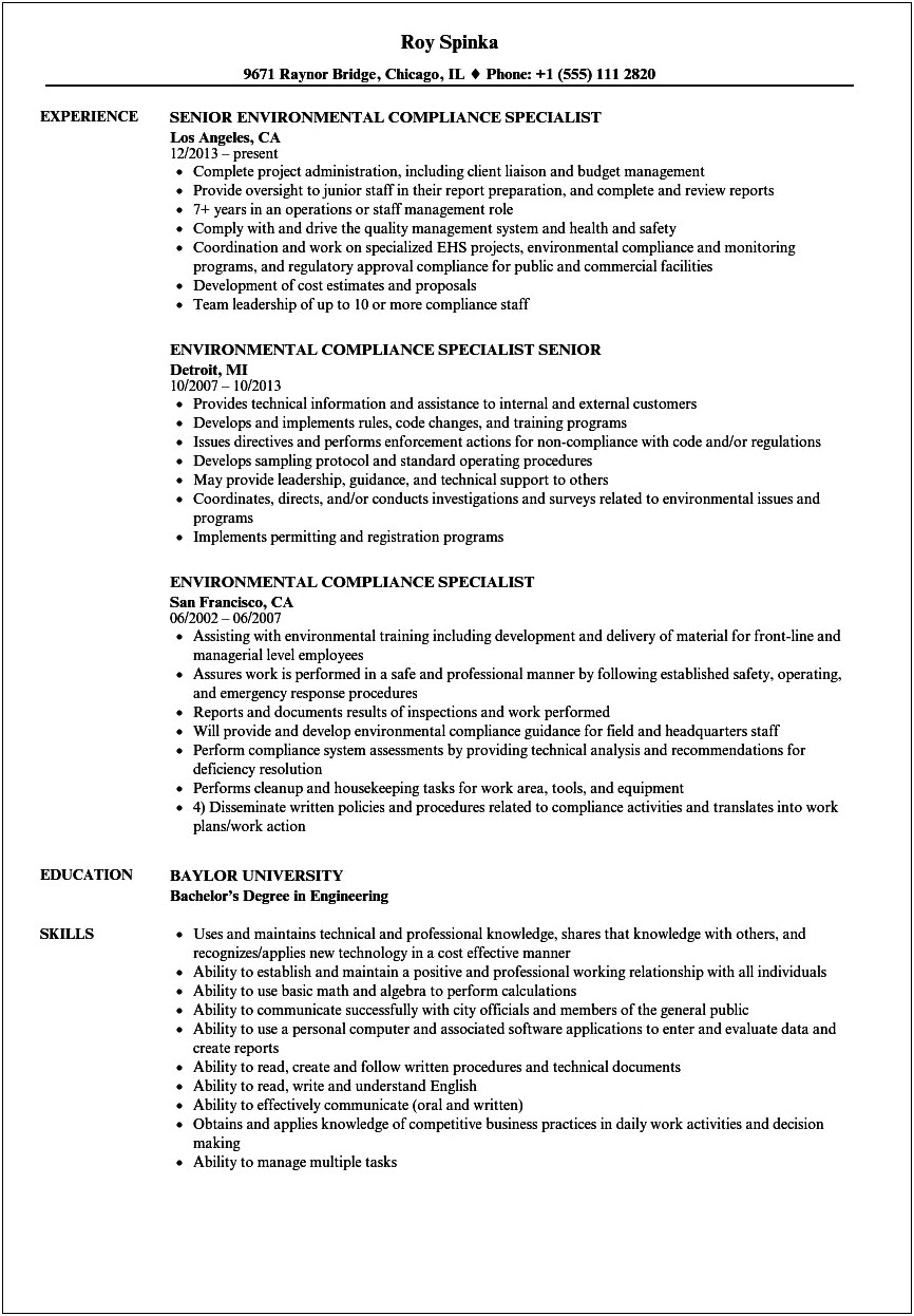 Resume Objective For Environmental Protection Specialist