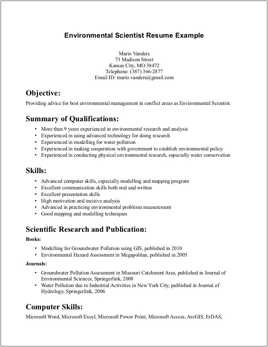 Resume Objective For Environmental Science